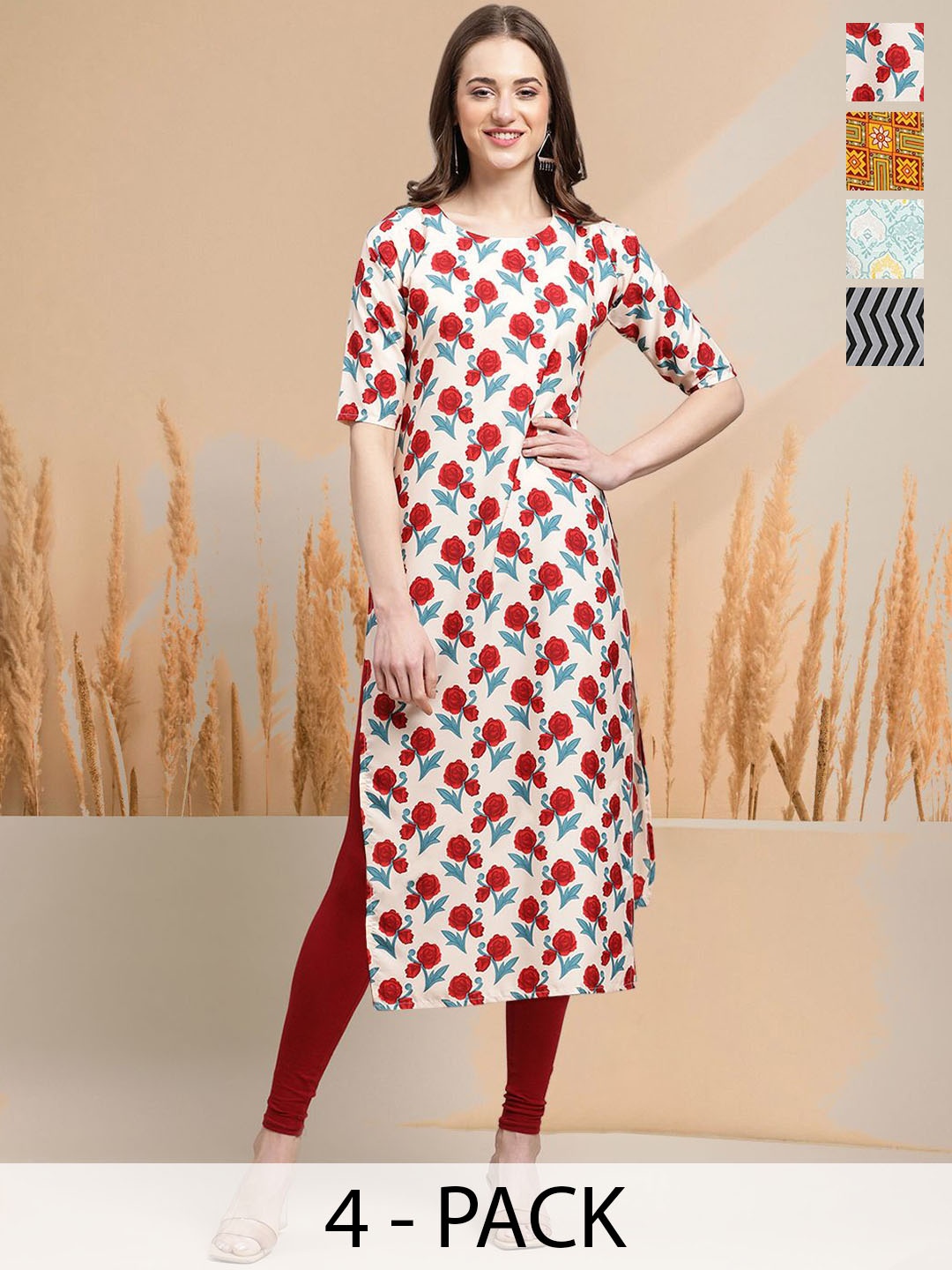 

7Threads Selection Of 4 Floral Round Neck Straight Kurtas, Off white