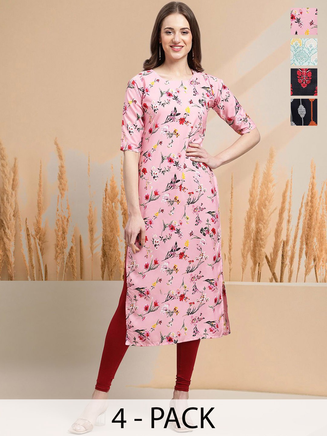 

7Threads Selection Of 4 Floral Printed Round Neck Straight Kurtas, Pink