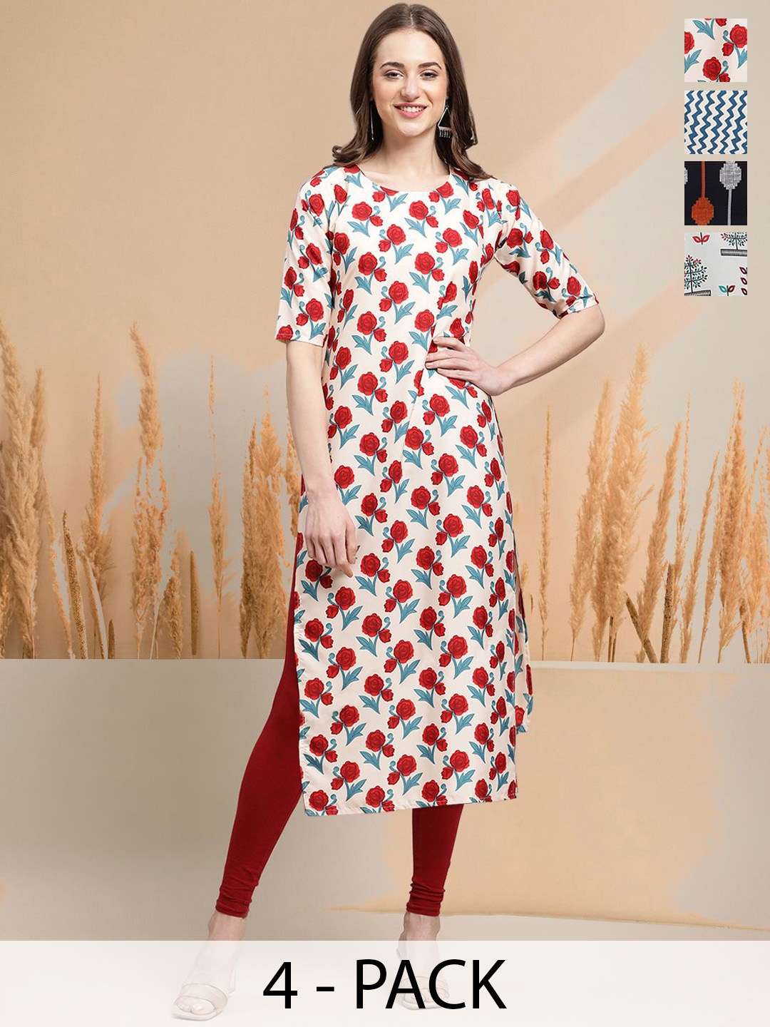 

7Threads Selection of 4 Floral Printed Round Neck Straight Kurta, White