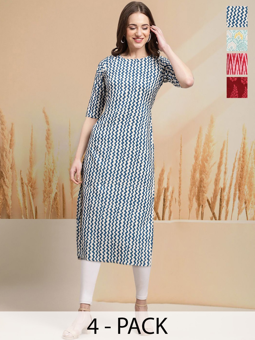 

7Threads Selection Of 4 Floral Printed Round Neck Straight Kurtas, Off white