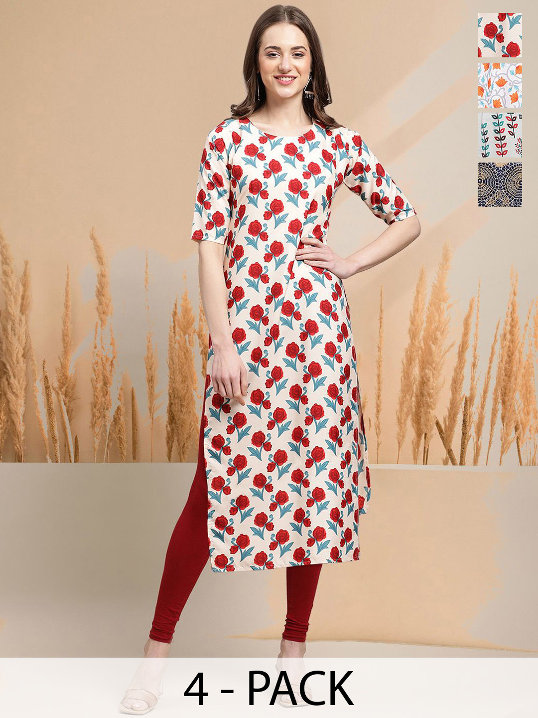 

7Threads Selection Of 4 Floral Printed Round Neck Straight Kurtas, Off white