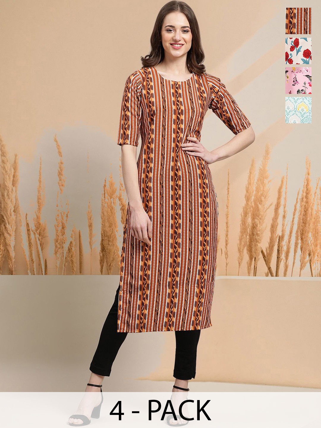 

7Threads Selection Of 4 Floral Printed Round Neck Straight Kurtas, Brown