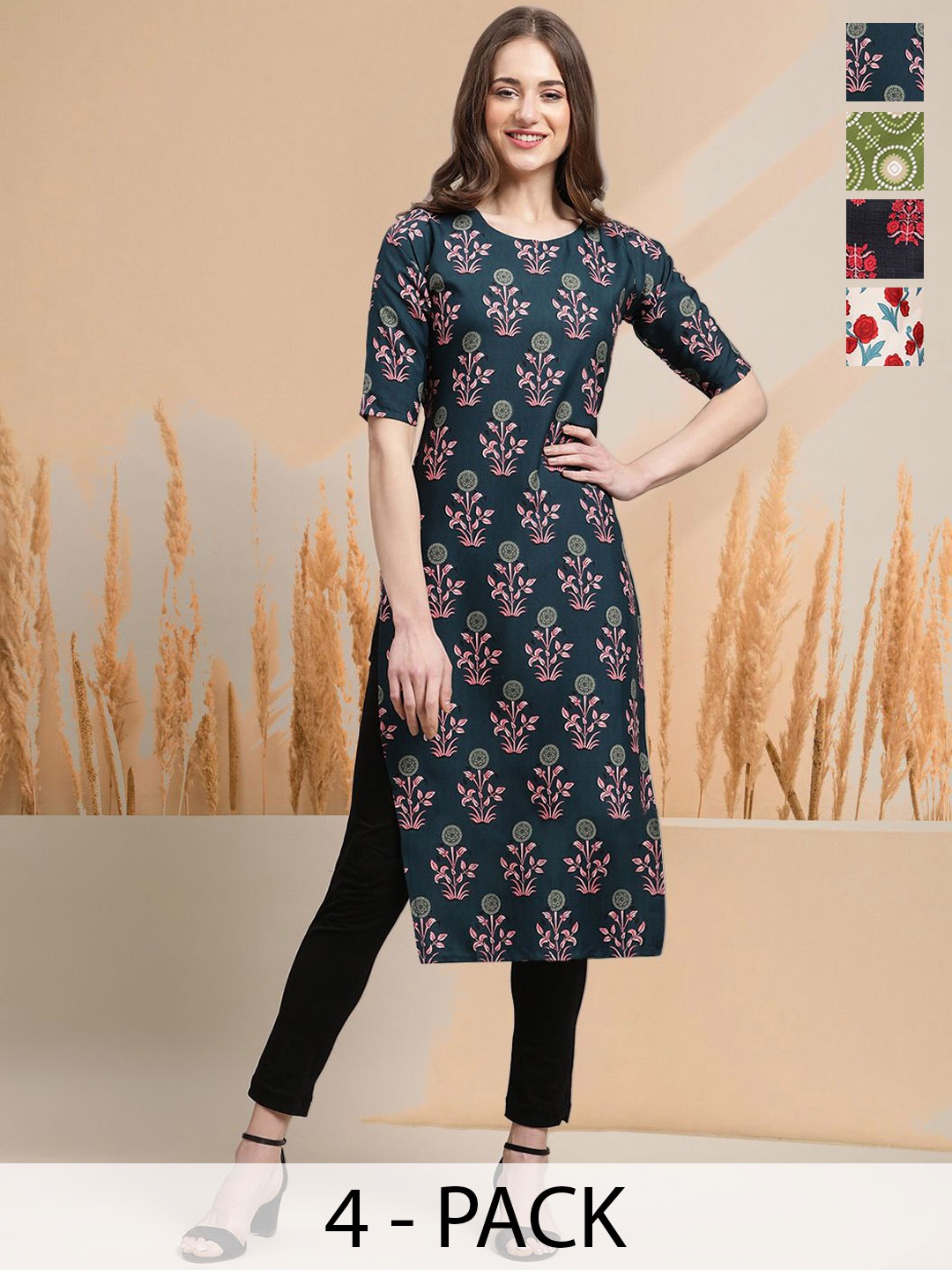 

7Threads Selection Of 4 Floral Printed Round Neck Straight Kurtas, Green