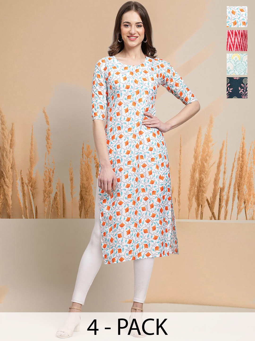 

7Threads Selection of 4 Floral Printed Round Neck Straight Kurta, White