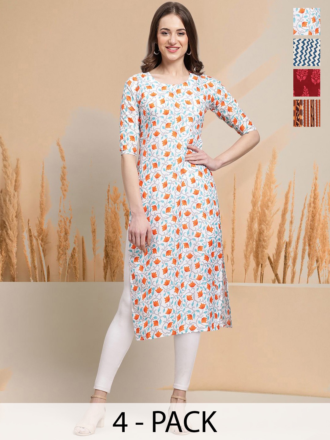 

7Threads Selection Of 4 Floral Printed Straight Kurtas, White