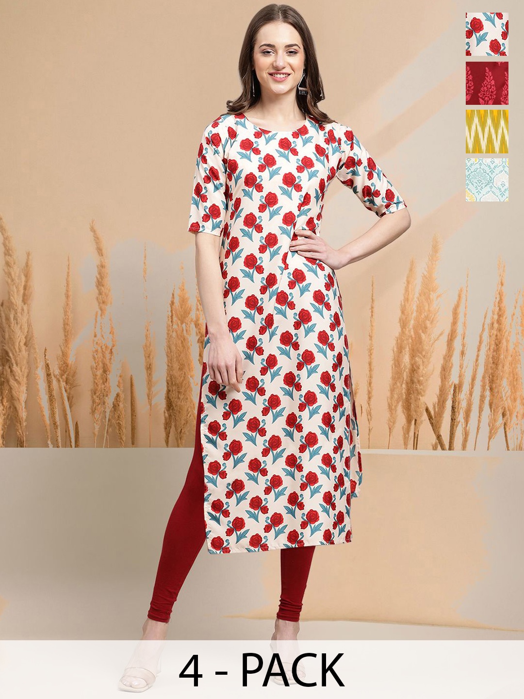 

7Threads Selection Of 4 Floral Printed Round Neck Straight Kurtas, Off white