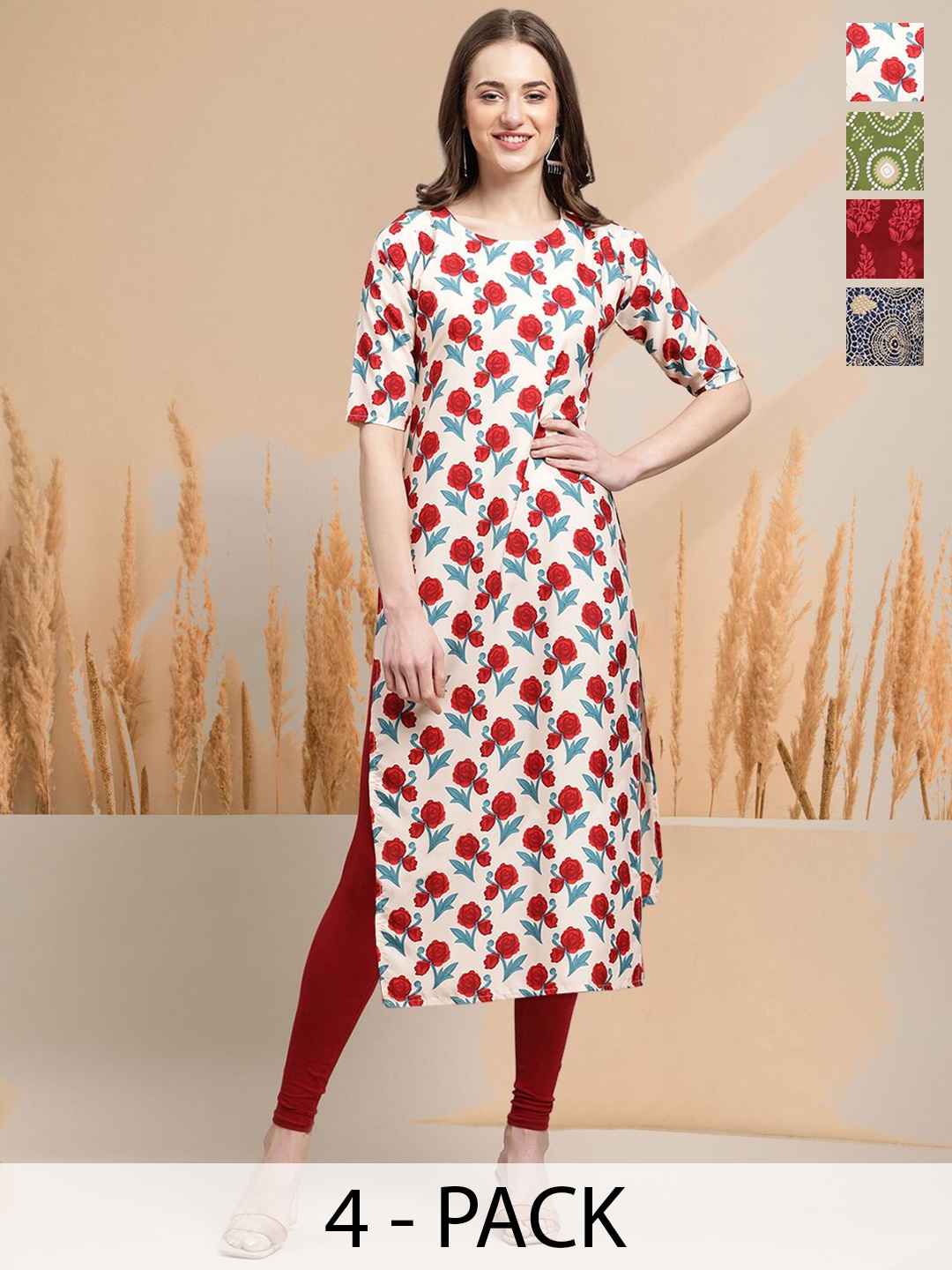 

7Threads Selection Of 4 Geometric Printed Round Neck Straight Kurtas, Off white
