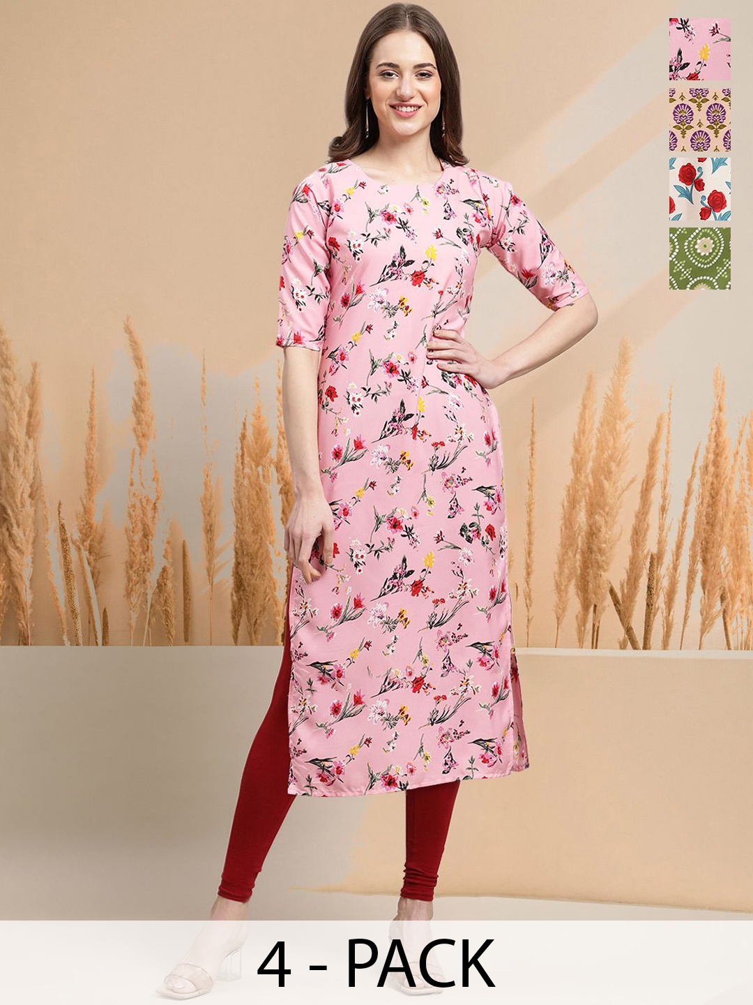 

7Threads Selection of 4 Floral Printed Round Neck Straight Kurta, Pink