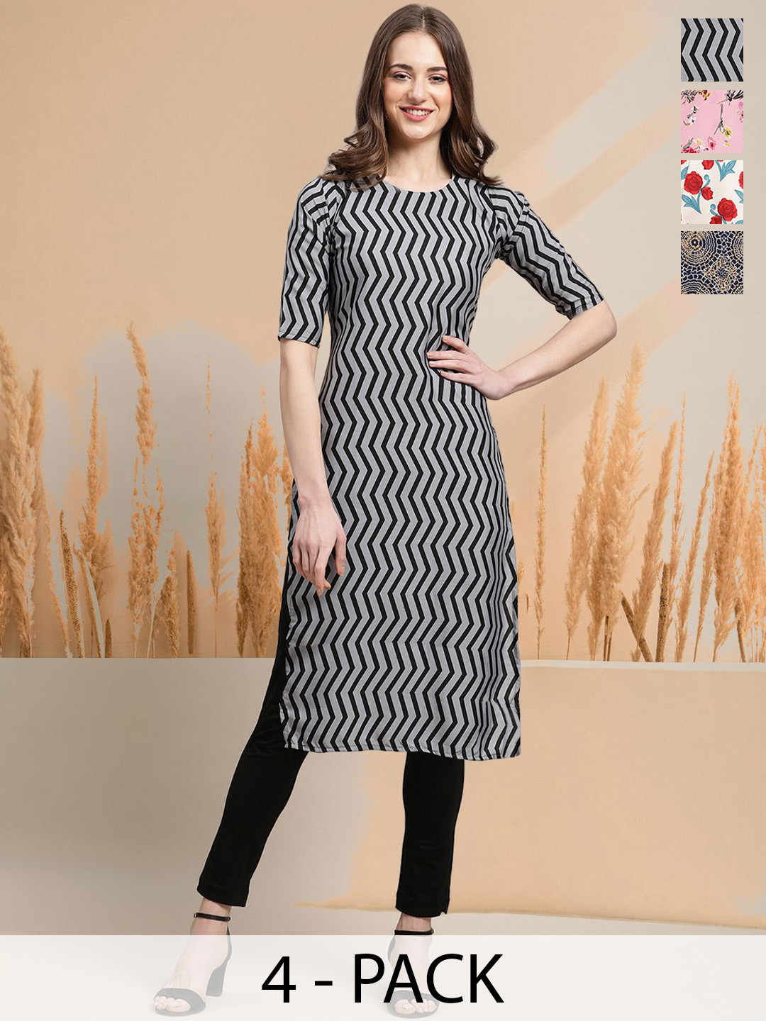 

7Threads Selection Of 4 Chevron Printed Round Neck Straight Kurtas, Grey