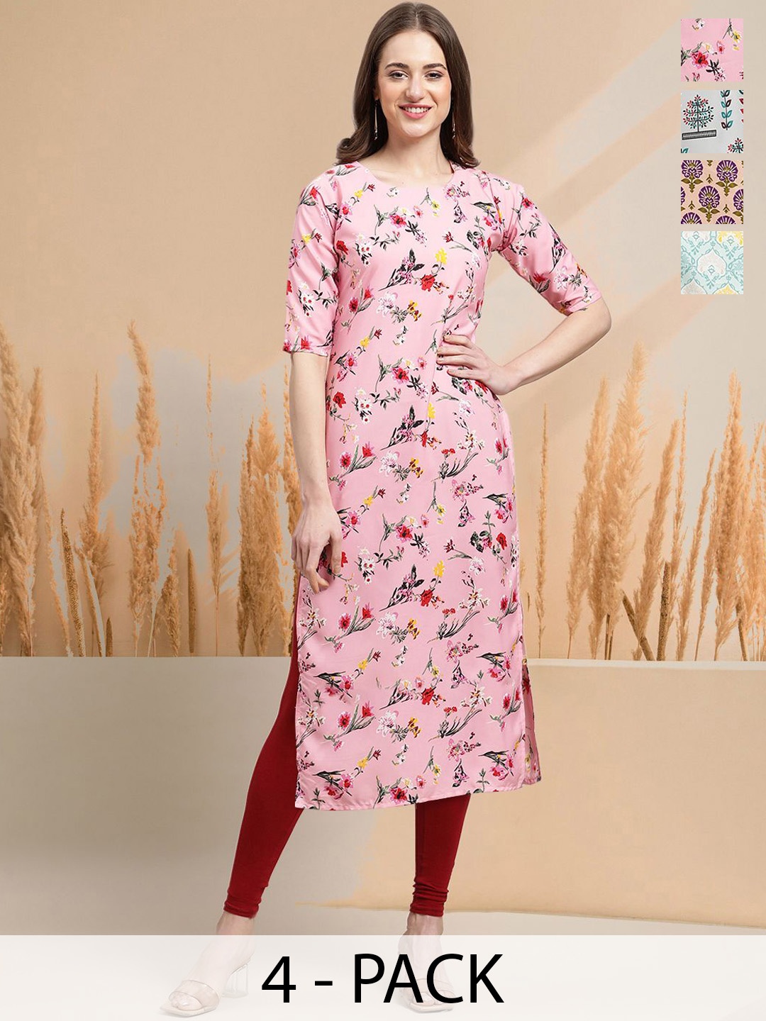 

7Threads Selection Of 4 Floral Printed Round Neck Straight Kurtas, Pink
