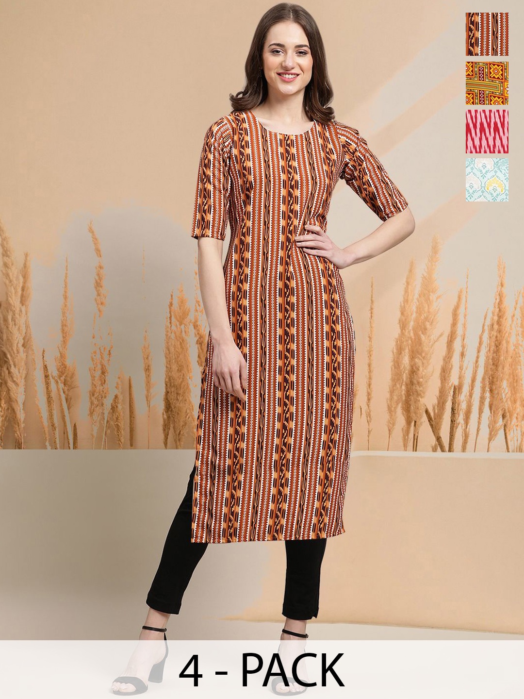 

7Threads Selection Of 4 Floral Printed Round Neck Straight Kurtas, Brown