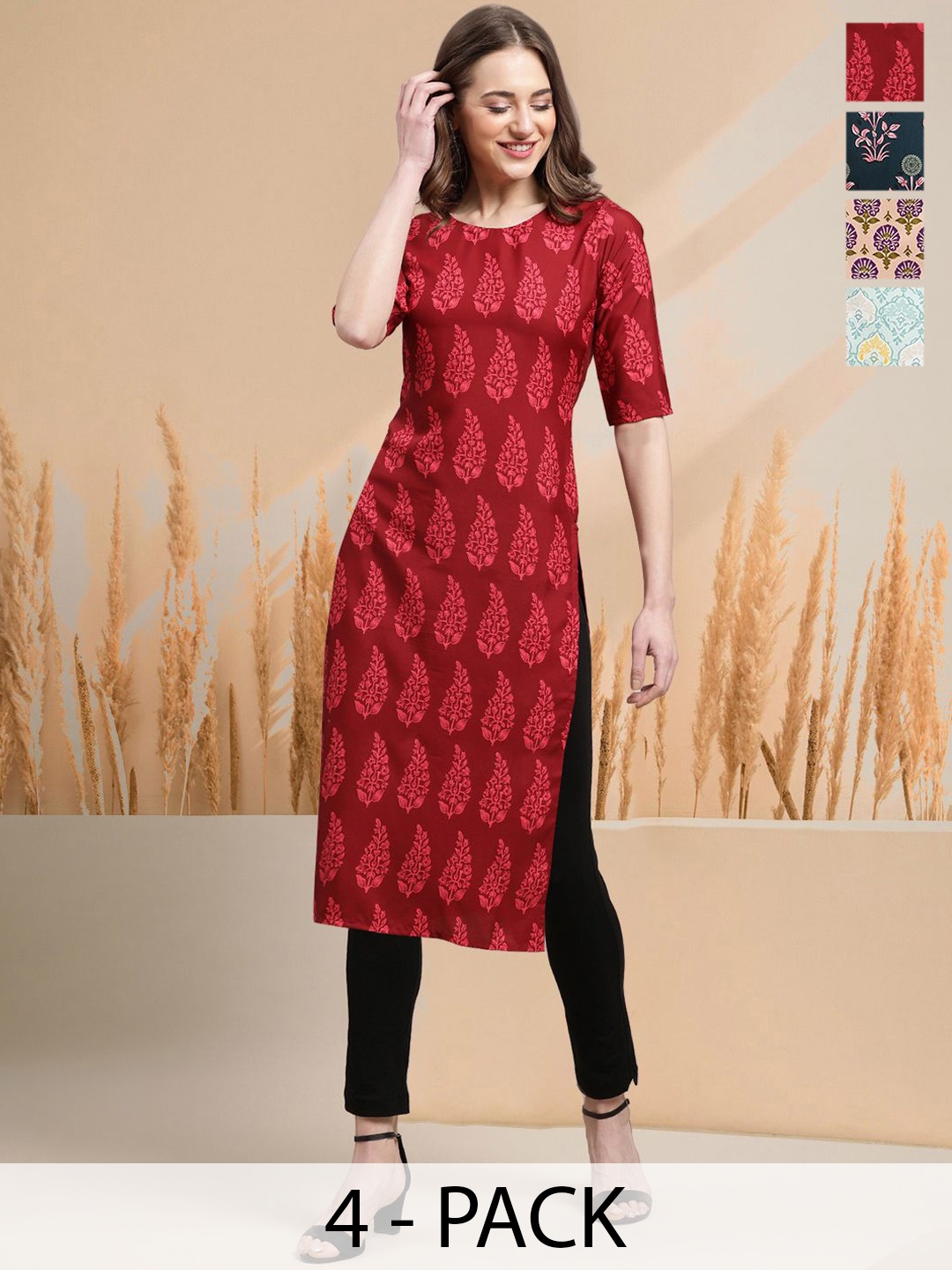 

7Threads Selection of 4 Paisley Printed Round Neck Straight Kurtas, Multi