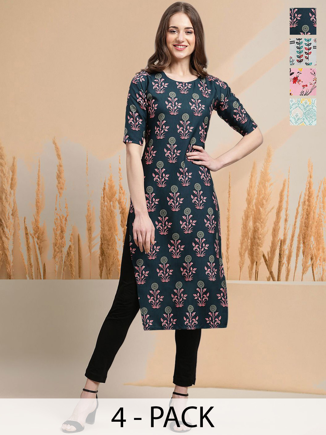 

7Threads Selection Of 4 Floral Printed Round Neck Straight Kurtas, Green