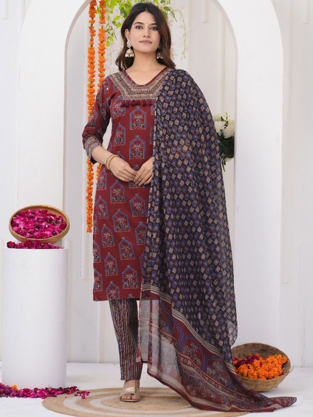 

KALINI Ethnic Motifs Printed Mirror Work Pure Cotton Kurta With Trousers And Dupatta, Maroon