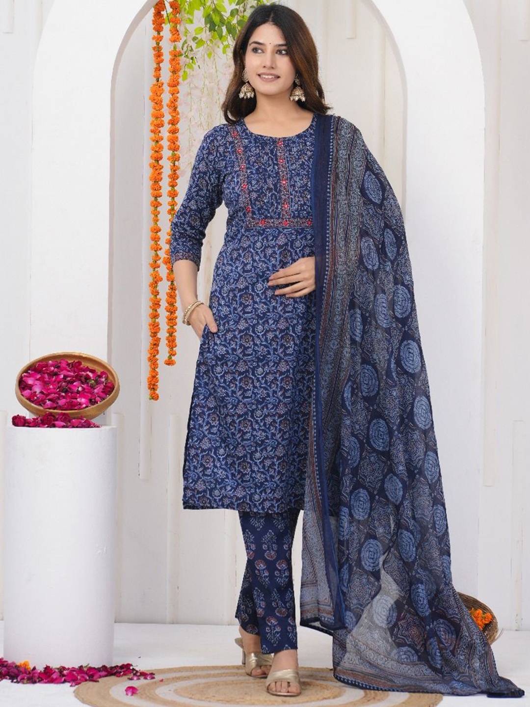 

KALINI Floral Printed Mirro Pure Cotton Straight Kurta With Trousers And Dupatta, Blue