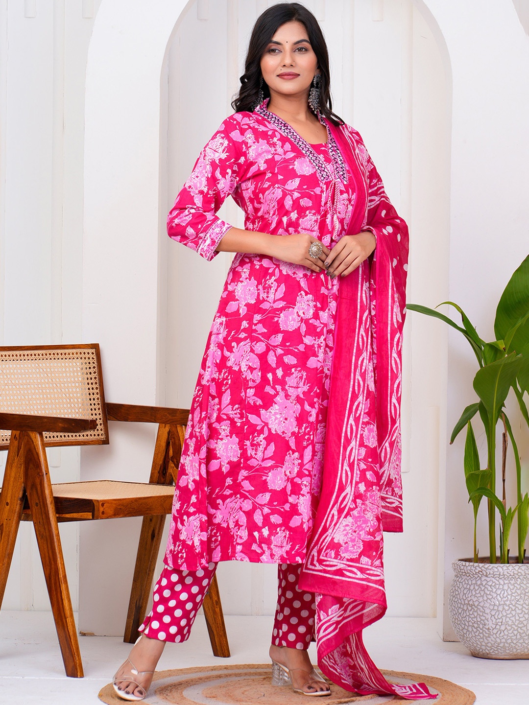 

KALINI Floral Printed V-Neck Pure Cotton A-Line Kurta With Trousers And Dupatta, Pink