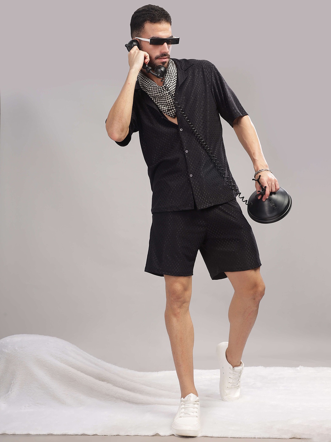 

TRIBE Woven Design Short Sleeves Shirt With Shorts, Black