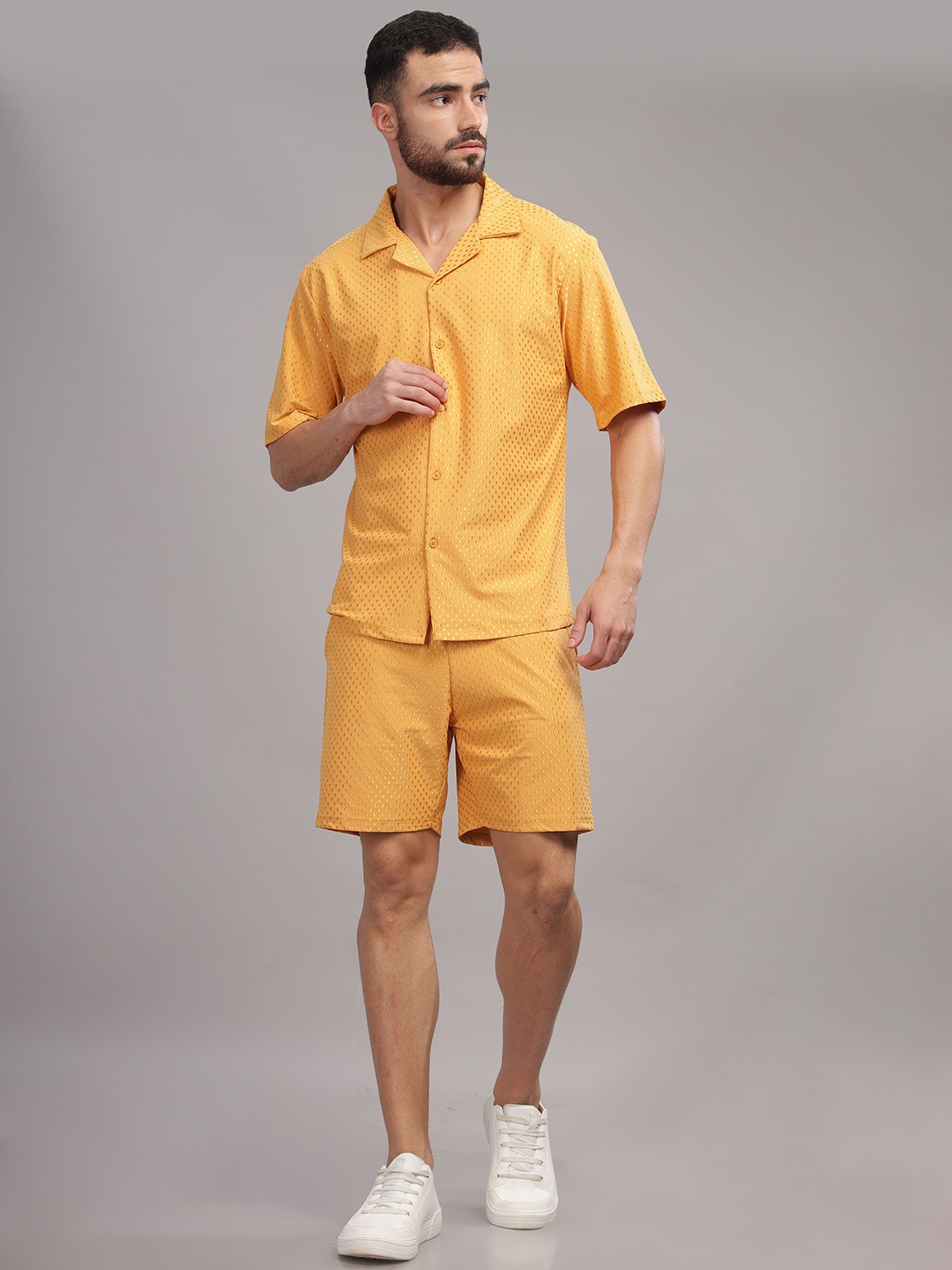 

TRIBE Woven Design Short Sleeves Shirt With Shorts, Mustard