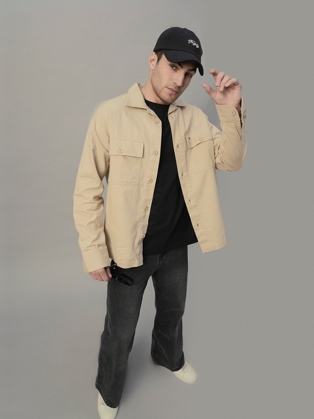 

PRONK Men Spread Collar Cotton Pocket Detailing Shacket, Khaki