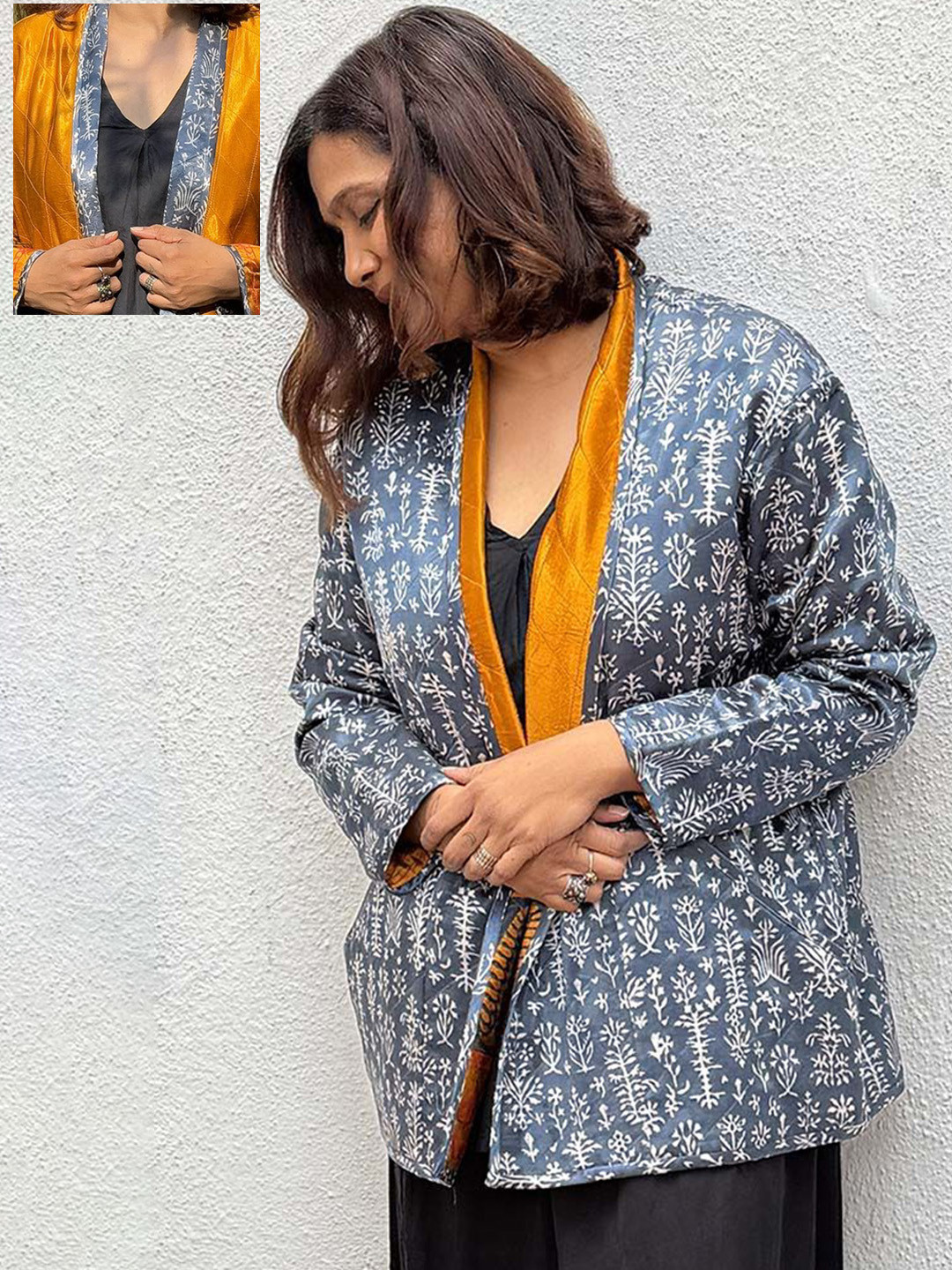 

Chidiyaa Women Shawl Collar Floral Printed Casual Reversible Tailored Jacket, Mustard