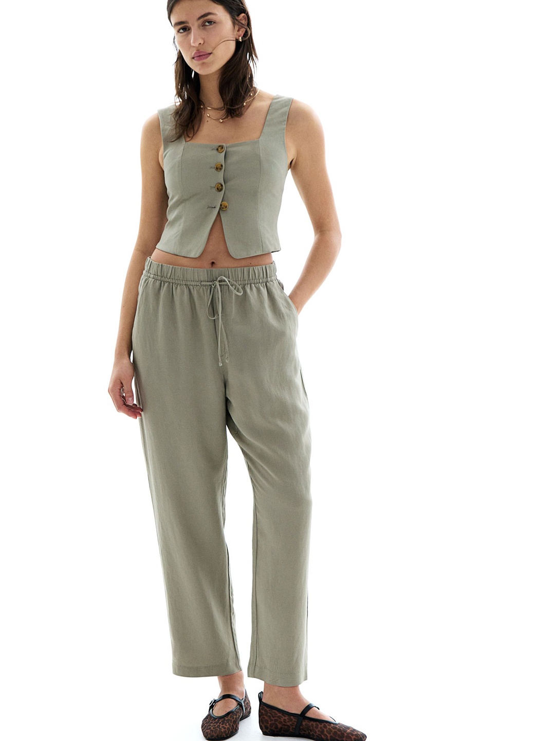 

H&M Linen-Blend Drawstring Trousers, Green