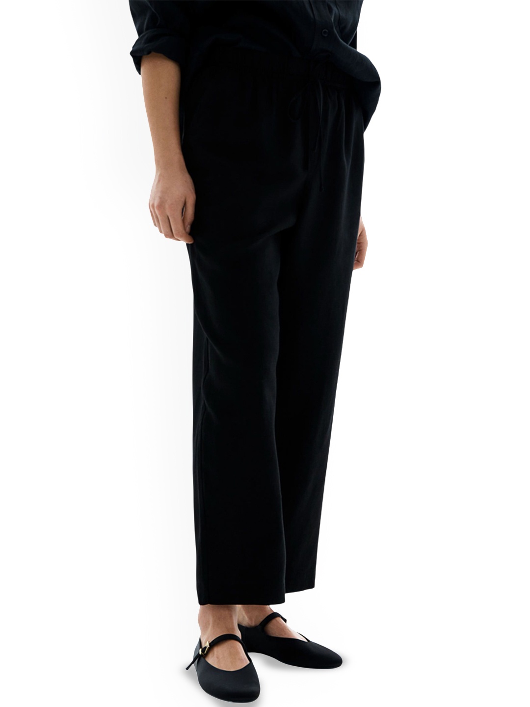 

H&M Linen-Blend Drawstring Trousers, Black