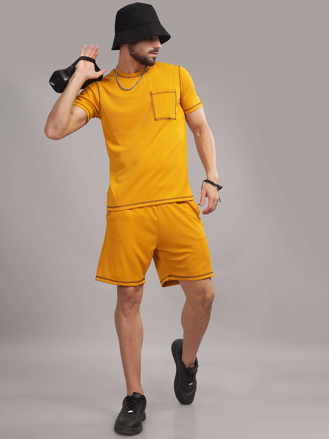 

TRIBE Round Neck T-Shirt With Shorts, Mustard