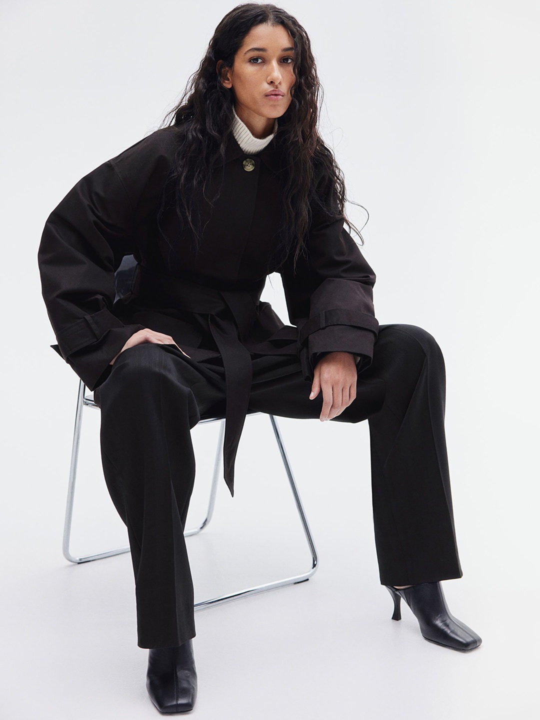 

H&M Tie-Belt Twill Jacket, Black