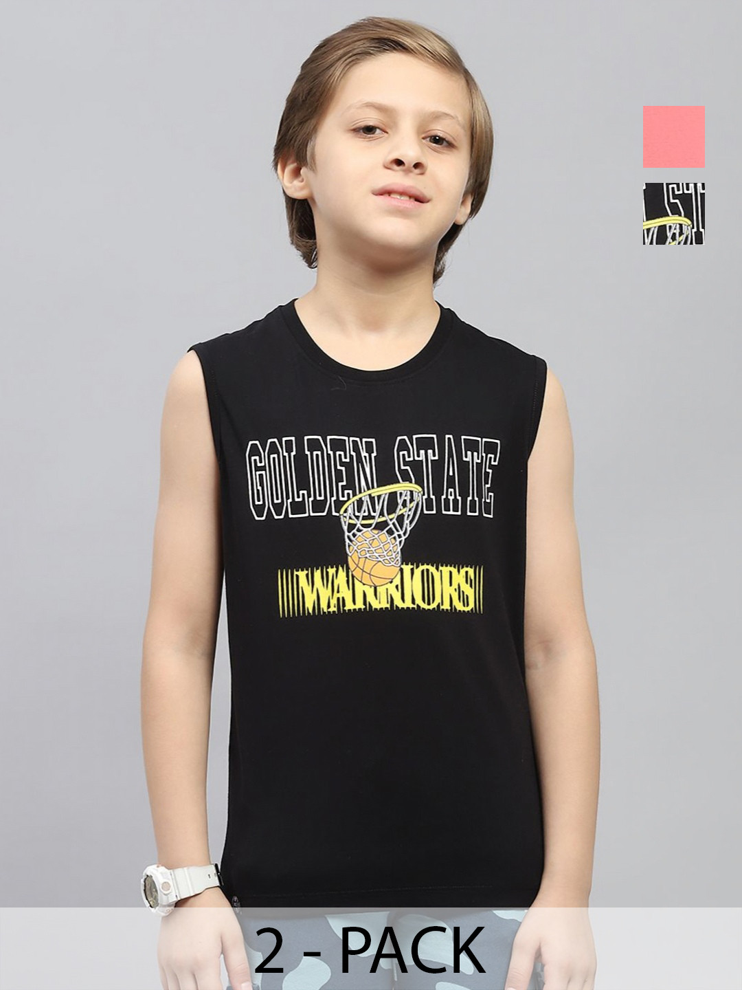 

Monte Carlo Boys Pack Of 2 Typography Printed Round Neck Pure Cotton T-shirts, Pink