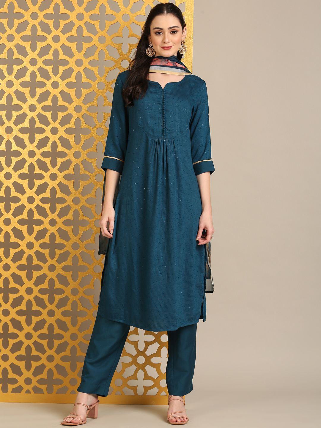 

Anouk Teal Embroidered Notch Neck Sequinned Straight Kurta With Trousers And Dupatta