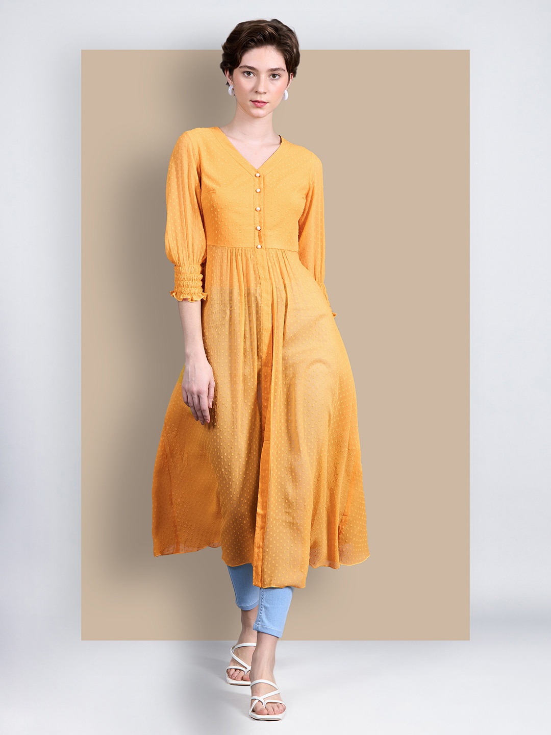 

Chemistry Women V-Neck 3/4 Sleeves solid empire Maxi Work wear Top, Yellow