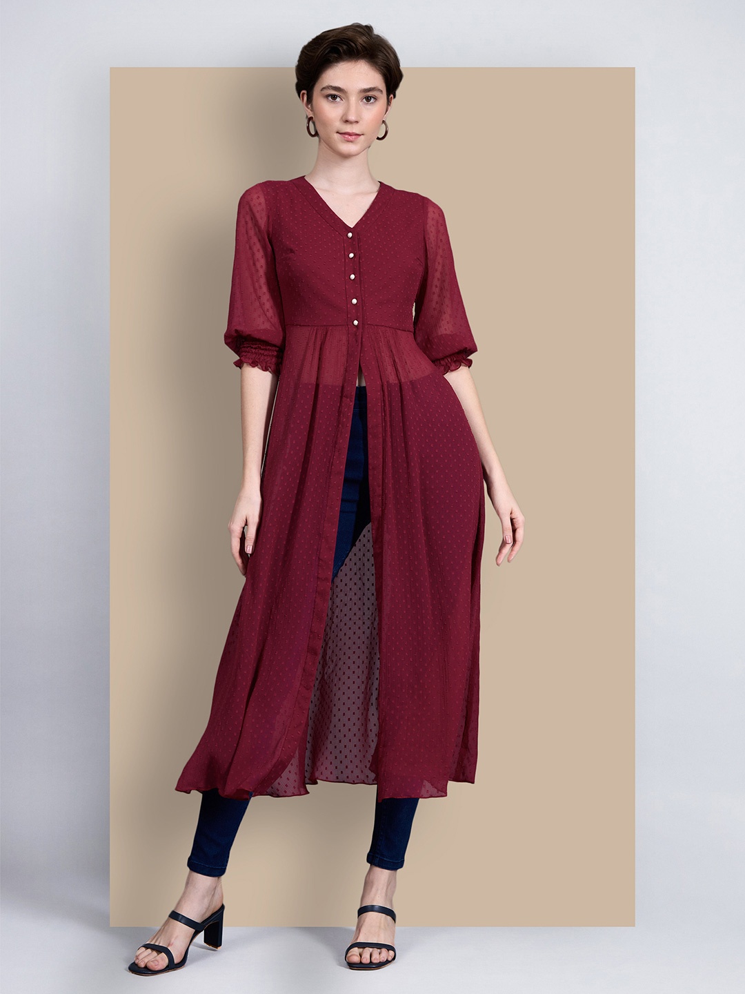 

Chemistry Women V-Neck 3/4 Sleeves solid empire Maxi Work wear Top, Maroon