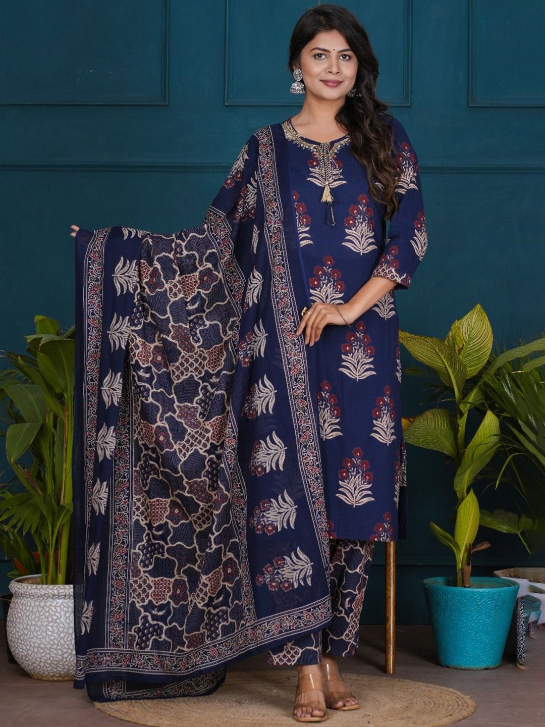 

KALINI Floral Printed Straight Pure Cotton Kurta With Trousers And Dupatta, Navy blue