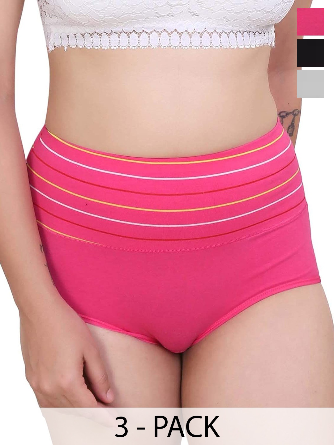 

SHREE GANESH FASHION Women Pack Of 3 Cotton Striped High-Rise Hipster Briefs, Black