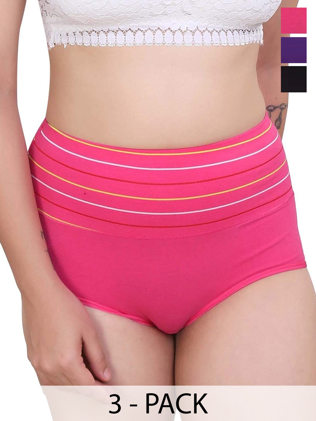 

SHREE GANESH FASHION Women Pack Of 3 Striped Cotton Hipster Briefs, Black