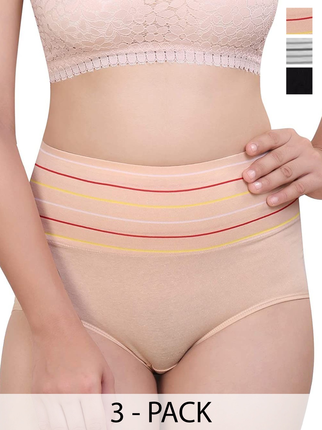 

SHREE GANESH FASHION Pack Of 3 Striped Cotton Hipster Briefs 2076 PO3 BCG-M, Black