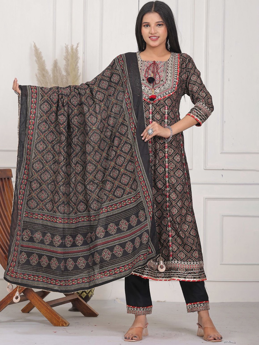 

KALINI Ethnic Motifs Printed Thread Work Anarkali Kurta With Trousers And Dupatta, Black