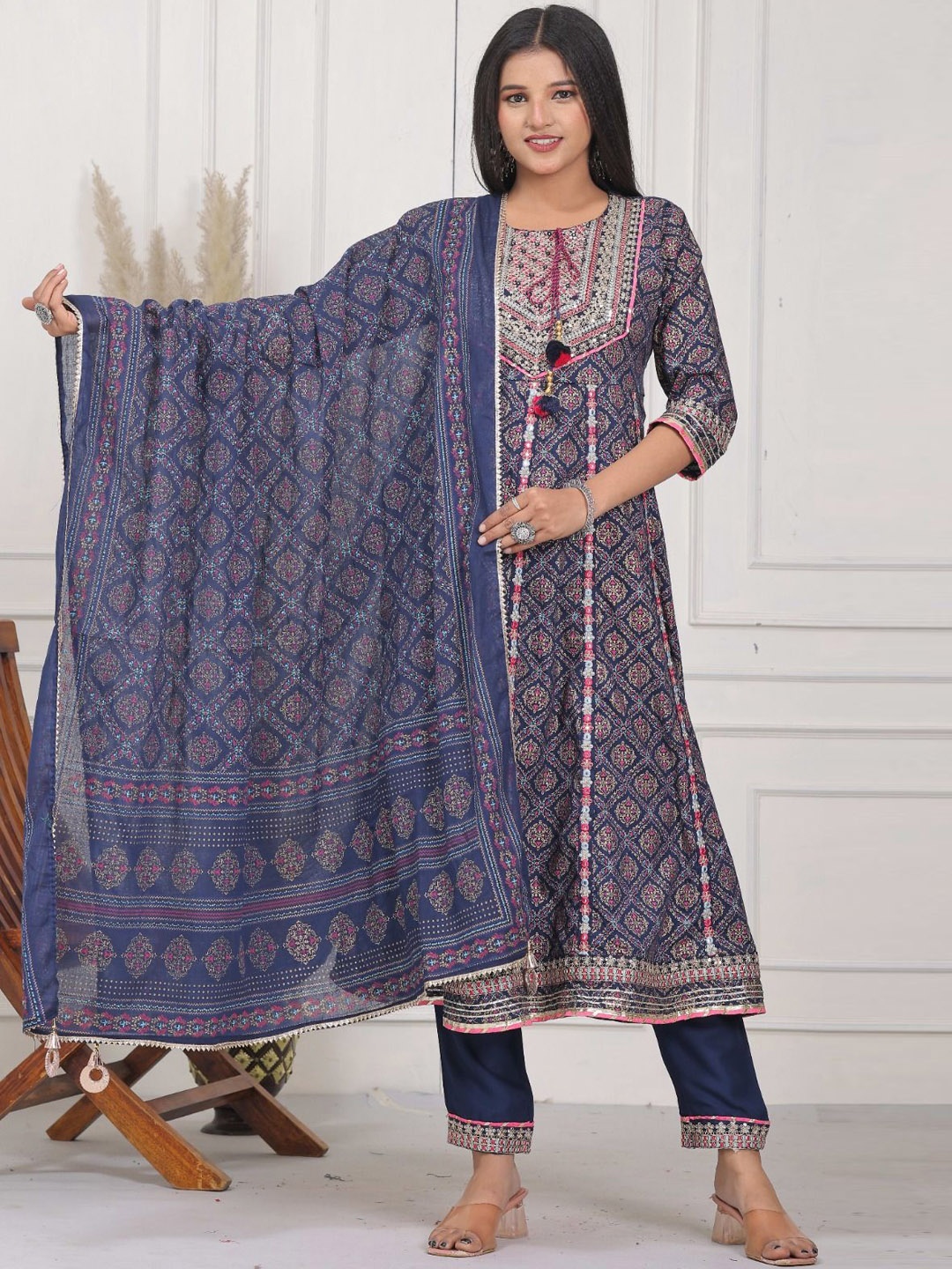 

KALINI Ethnic Motifs Printed Thread Work Anarkali Kurta With Trousers And Dupatta, Navy blue