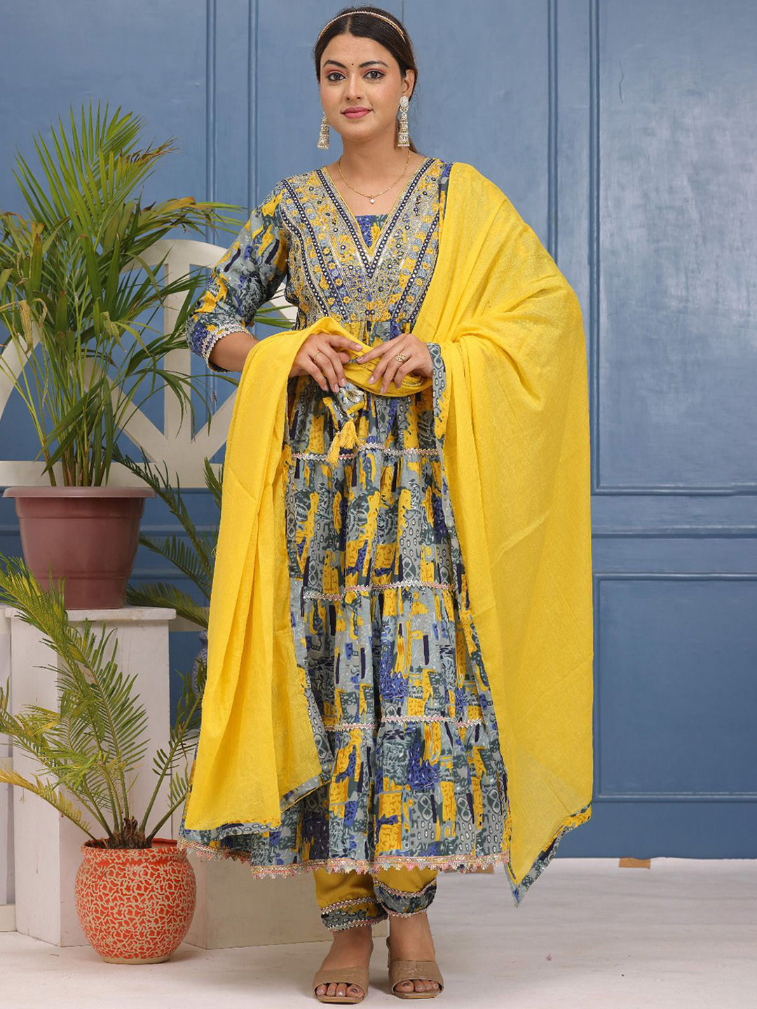 

KALINI Ethnic Motifs Printed V-Neck Thread Work Anarkali Kurta With Trousers And Dupatta, Yellow