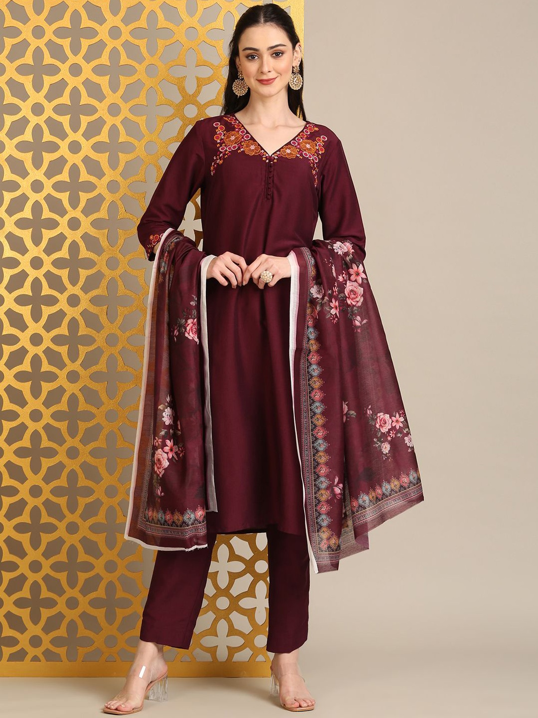 

Anouk Maroon Floral Embroidered V-Neck Straight Kurta With Trousers And Dupatta