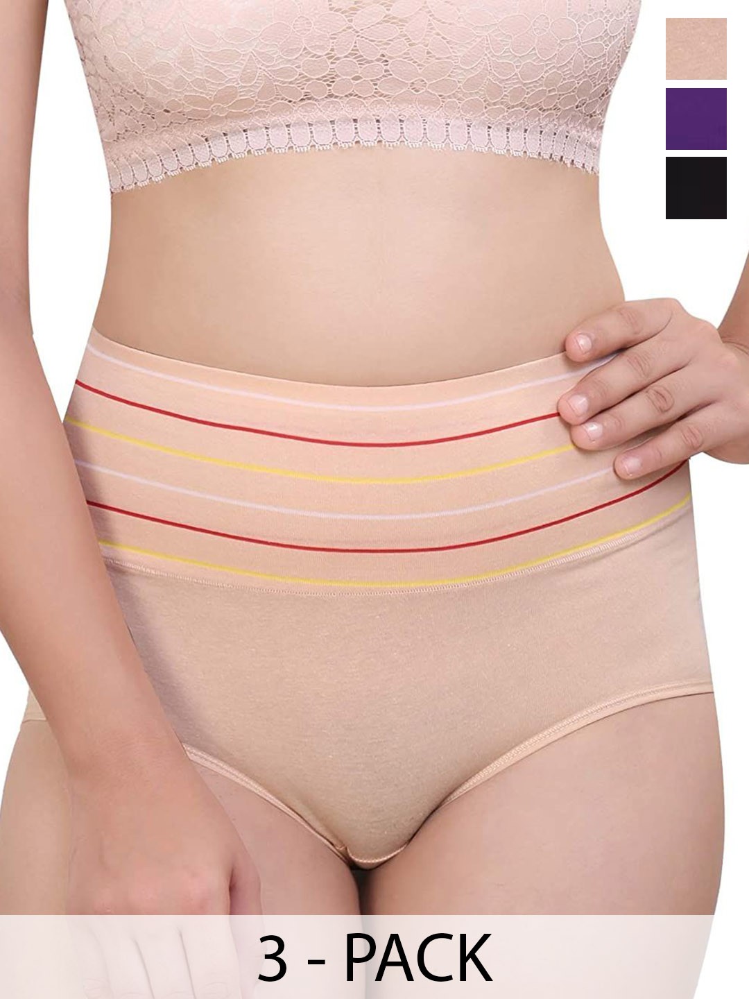

SHREE GANESH FASHION Women Pack of 3 Cotton High Rise Hipster Briefs, Black