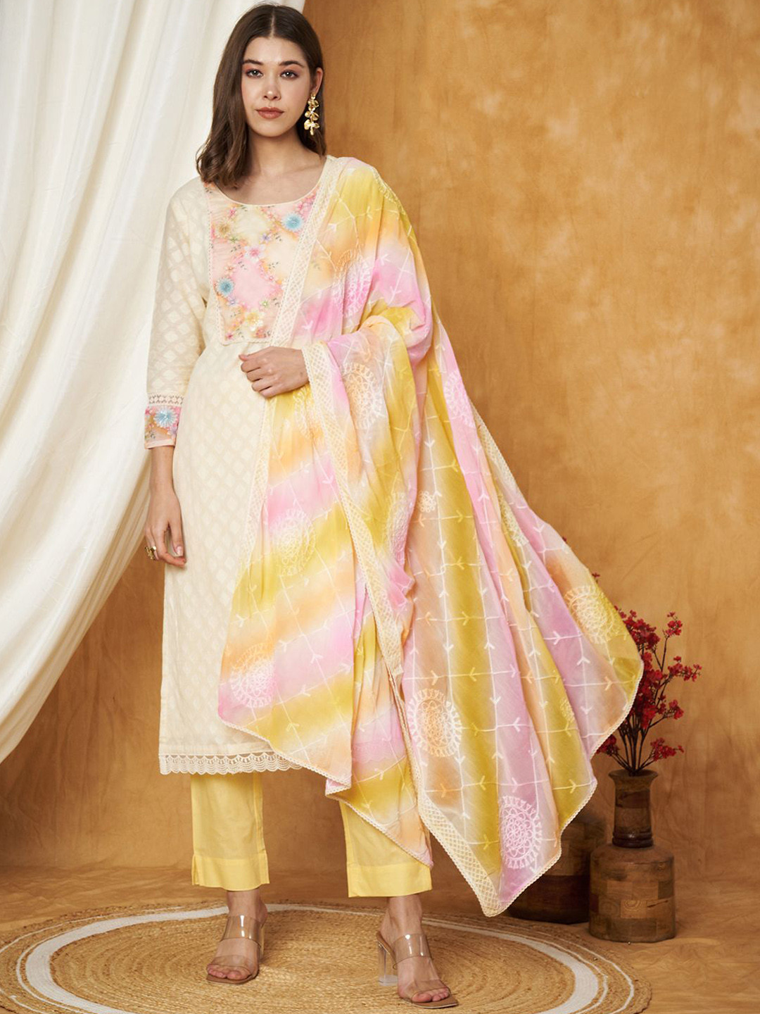 

Label Khoj Floral Embroidered Kurta With Trouser And Dupatta, Yellow