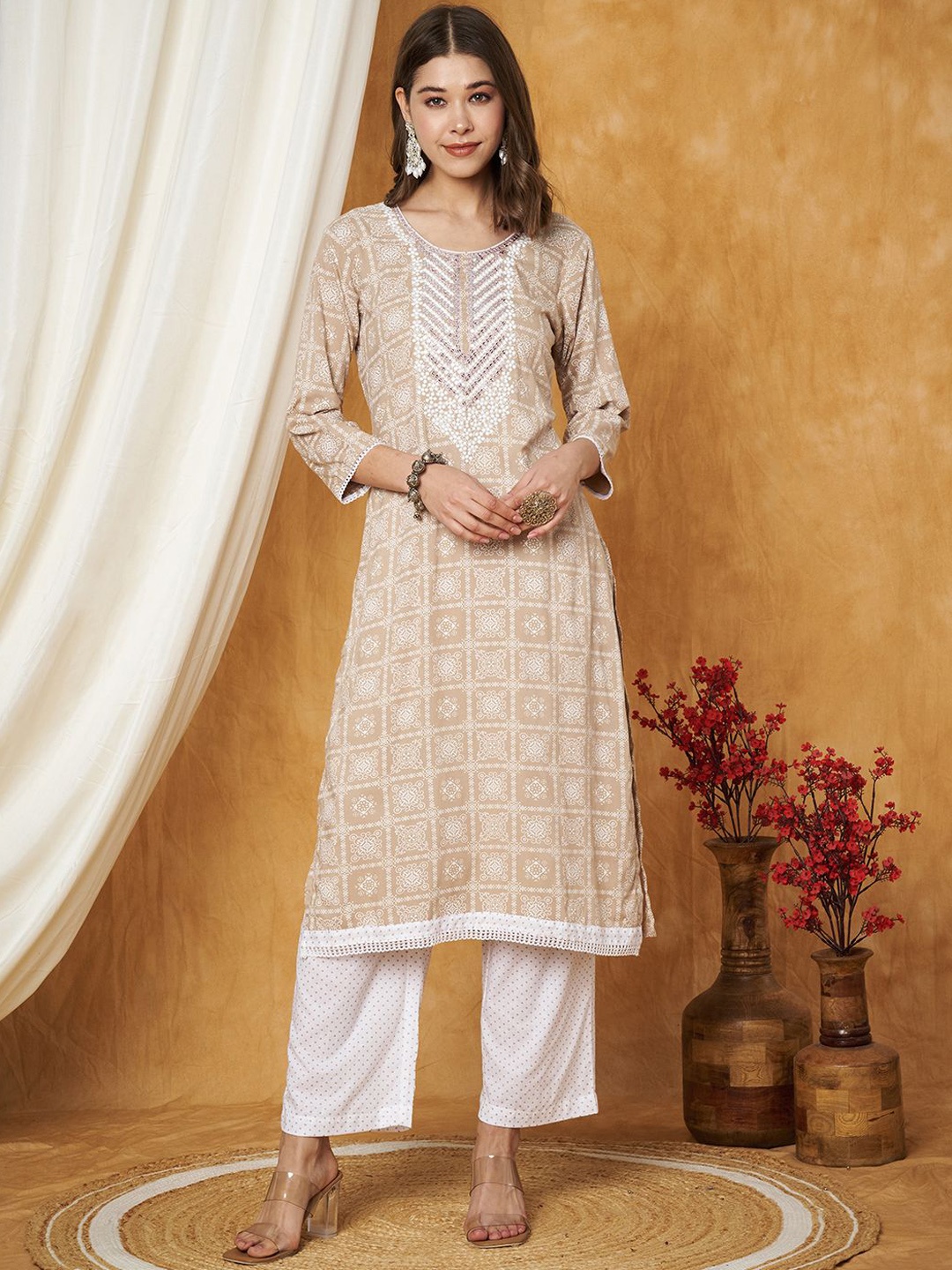 

Label Khoj Ethnic Motifs Printed Sequins Embroidered Work Detail Kurta With Trouser, Beige