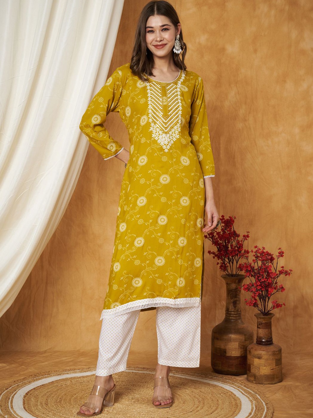 

Label Khoj Ethnic Motifs Printed Sequins Embroidered Work Detail Kurta With Trouser, Yellow