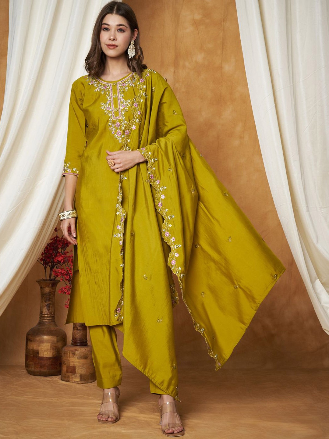 

Label Khoj Floral Embroidered Thread Work Kurta With Trousers And Dupatta, Yellow