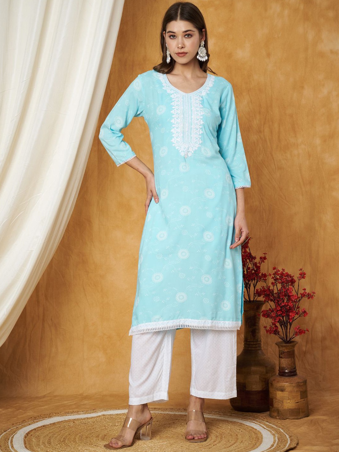 

Label Khoj Ethnic Motifs Printed Sequins Embroidered Work Detail Kurta With Trouser, Blue