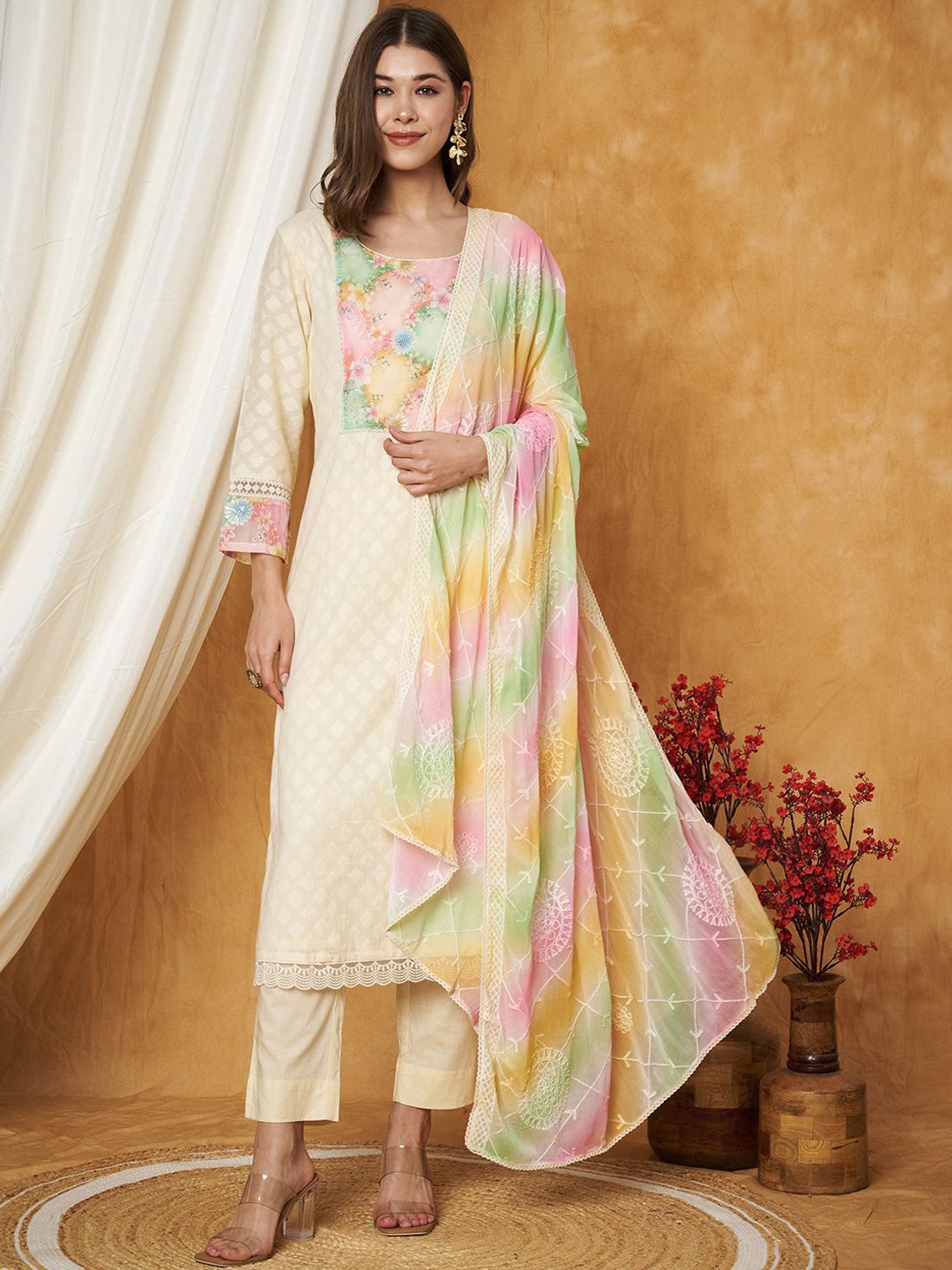 

Label Khoj Floral Embroidered Kurta With Trouser And Dupatta, Off white