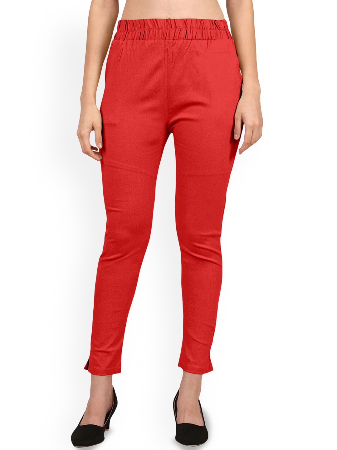 

Mehrang Women Cotton Relaxed Straight Leg High-Rise Cropped Trousers, Red