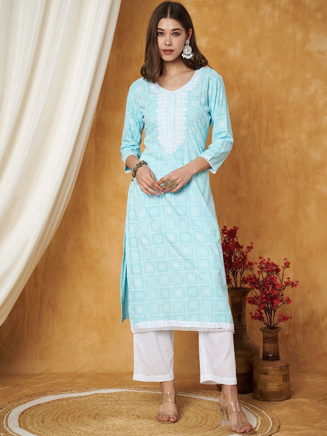 

Label Khoj Ethnic Motifs Printed Sequins Embroidered Work Detail Kurta With Trouser, Blue