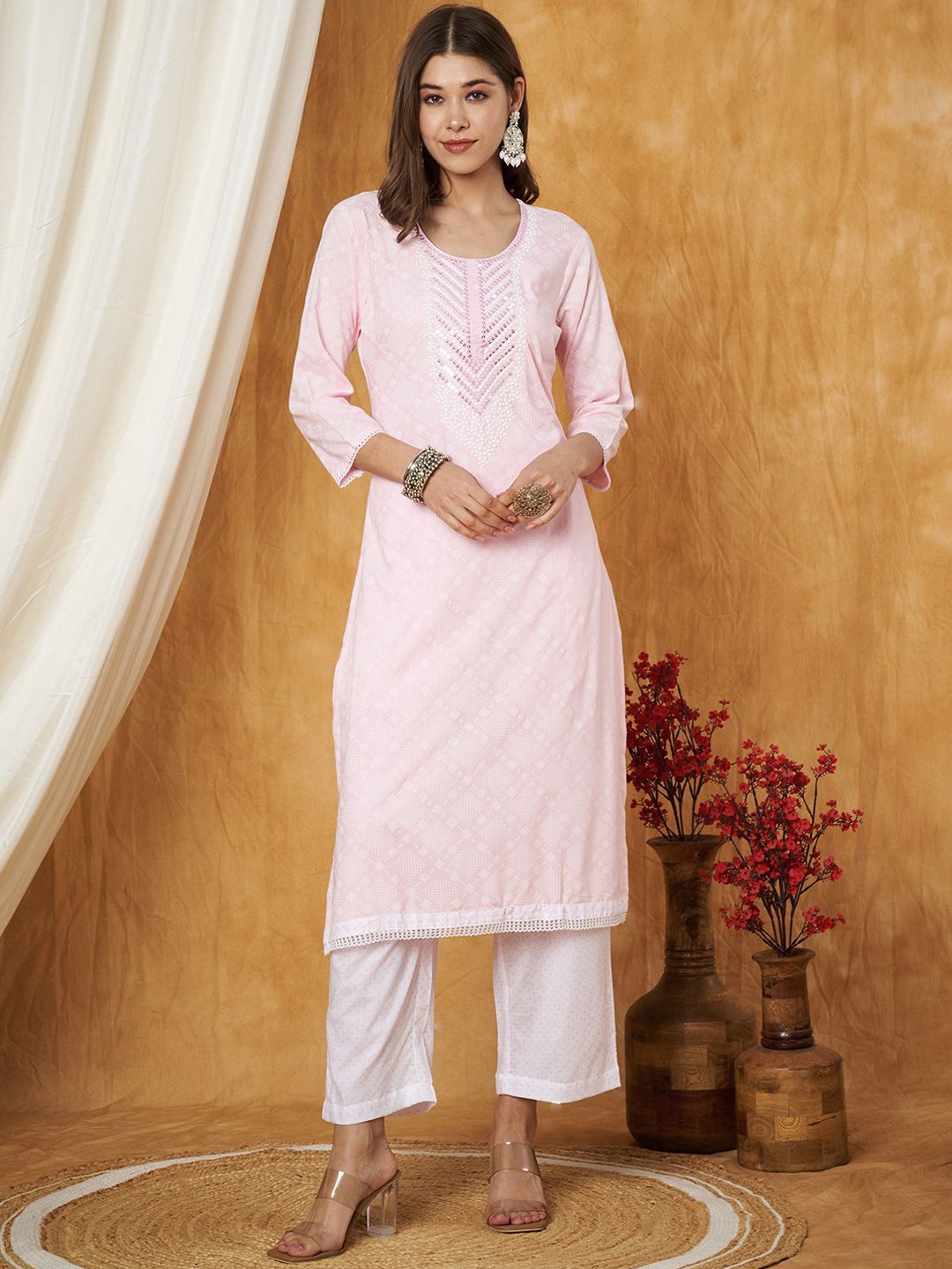 

Label Khoj Ethnic Motifs Printed Sequins Embroidered Work Detail Kurta With Trouser, Pink